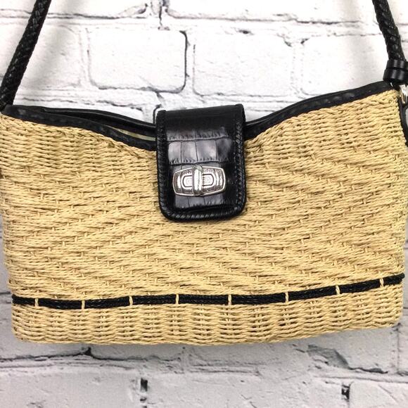 Brighton Cottagecore Cream Woven Straw Black Leather Braided Handle Baguette - Picture 3 of 16